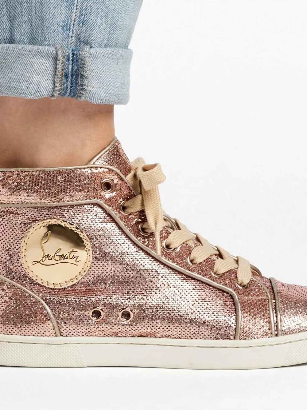 Christian Louboutin Rose Gold Glitter High-Top Sneaker with Gold Logo